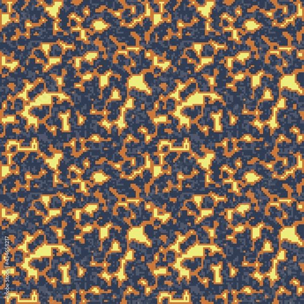 Fototapeta Digital lava flow camo, seamless black orange pattern for your design. Camouflage sporty fiery coloring, modern fabric print. Abstract repeating wallpapers. Vector pixel art texture