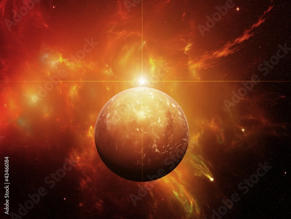 Fototapeta Planet with Nebula and Red Dwarf Star