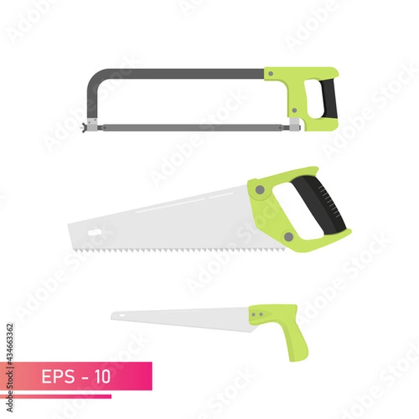 Obraz A set of hacksaws for the carpenter. Hacksaw for metal and wood. Tools for workers. On a white background. Flat vector illustration.