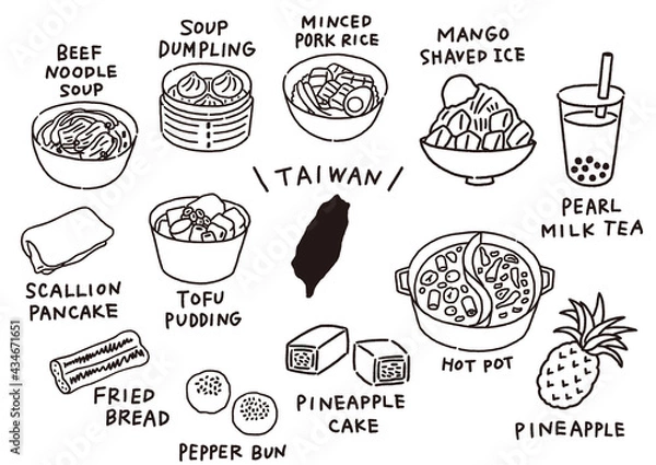 Fototapeta 台湾のおいしい食べ物セット　線のみ