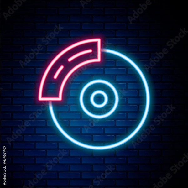 Fototapeta Glowing neon line Car brake disk with caliper icon isolated on brick wall background. Colorful outline concept. Vector
