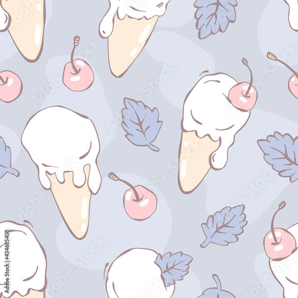 Fototapeta Hello summer, hot season, summer desserts. Seamless pattern with ice cream. Color flat hand-drawn vector illustration of vacation time for design t-shirts typography cards and posters. Cartoon style.