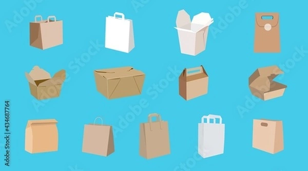 Fototapeta Vector Isolated Set of Different Paper Bags or Take Away Boxes. Vector illustration set of packaging