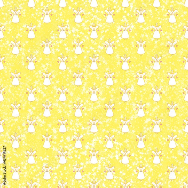 Obraz Angels on starry yellow background seamless pattern.	