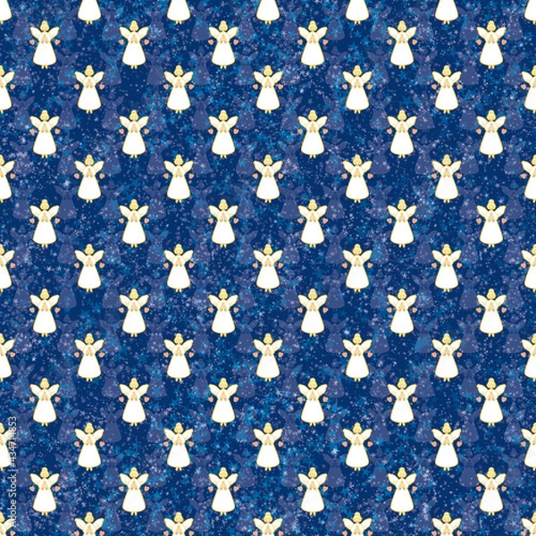 Obraz Angels on starry navy background seamless pattern.	