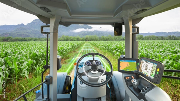 Fototapeta 5G autonomous tractor working in corn field, Future technology with smart agriculture farming concept