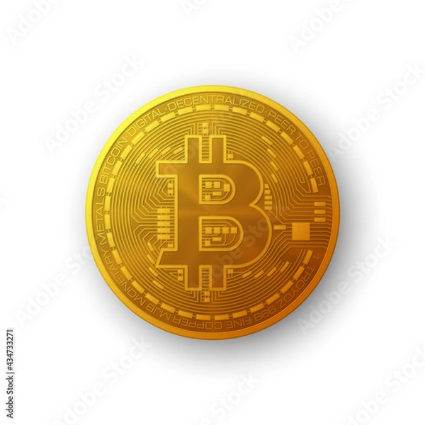 Obraz HUD Golden bitcoin. Digital currency money. Technology bitcoin mining worldwide network concept. Web banner golden bitcoin background. Physical bit coin. Cryptocurrency technology gold coins money