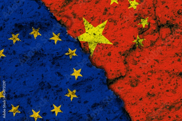 Fototapeta Concept of the Relationship with Flags of the Peoples Republic of China and the European Union on a Wall