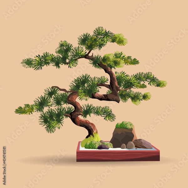 Fototapeta Beautiful realistic tree.Tree in bonsai style. Bonsai tree on the red box. Decorative little tree vector illustration. Nature art