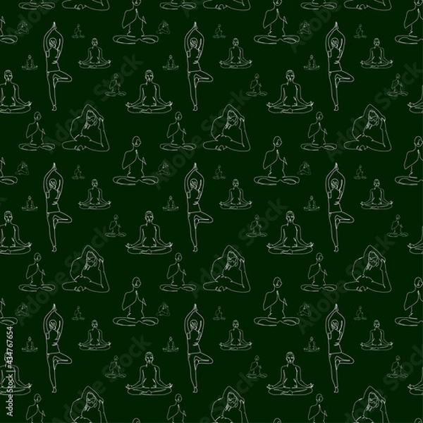 Fototapeta line art silhouette yoga poses hand drawn pattern. Vector illustration