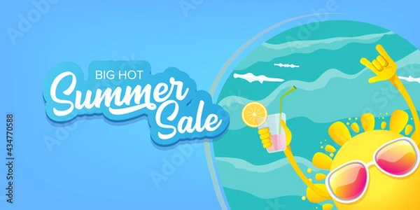 Fototapeta summer sale cartoon horizontal web banner or vector label with happy sun character wearing sunglasses and holding cocktail isolated on blue sky horizontal background