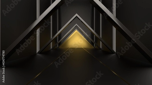 Obraz minimalistic tunnel triangular dark gold floor reflections glow geometry perspective depth 3d render