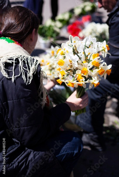 Obraz Bouquet of daffodils in the hands of a woman in a colored scarf