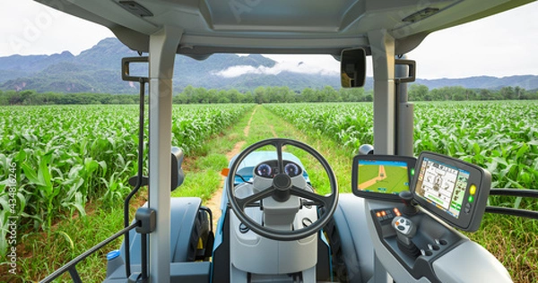 Fototapeta 5G autonomous tractor working in corn field, Future technology with smart agriculture farming concept