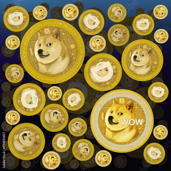 Fototapeta Dogecoin Big Icon illustration design. New safe crypto animal profile art. Elite Gold money coin background. Fun art space style illustration.