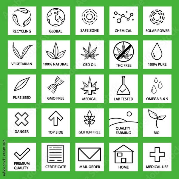 Fototapeta New Set of CBD oil icons. Popular icon set. THC free, no gmo, made in USA, bio, vegan, premium quality, lab tested, omega 3-6-9, pure, natural, no pesticides, organic, eco, gluten free, gmp.	