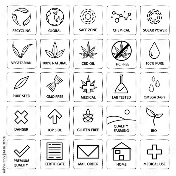 Fototapeta New Set of CBD oil icons. Popular icon set. THC free, no gmo, made in USA, bio, vegan, premium quality, lab tested, omega 3-6-9, pure, natural, no pesticides, organic, eco, gluten free, gmp.	