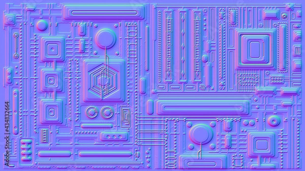 Fototapeta Motherboard microchip normal map illustration. New Best 3d style texture cyber engineering project background design.