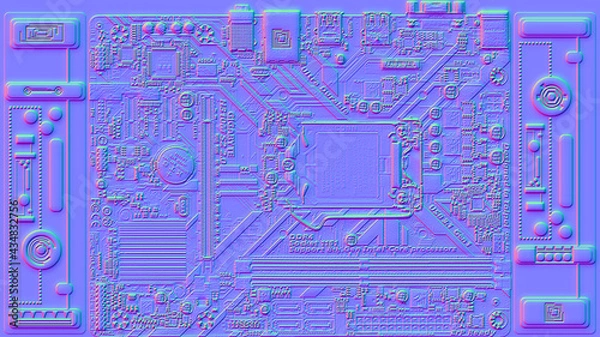 Fototapeta Motherboard microchip normal map illustration. New Best 3d style texture cyber engineering project background design.