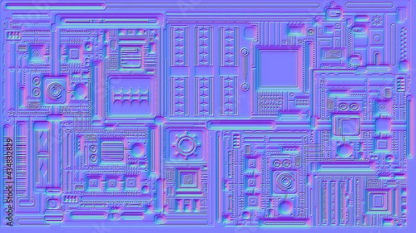 Fototapeta Motherboard microchip normal map illustration. New Best 3d style texture cyber engineering project background design.