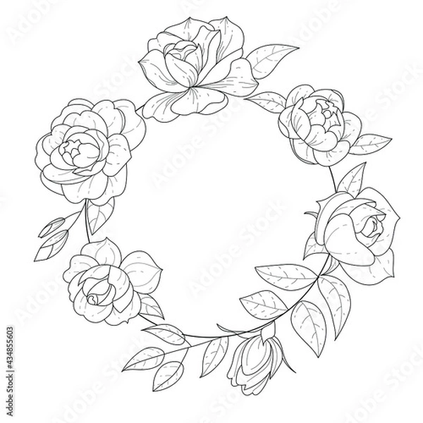 Fototapeta Sketch floral botany collection. Black and white bouquet, linear art on a white background. Hand drawing of a flower. Botanical illustrations. Vector.