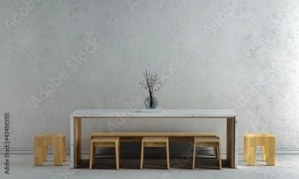 Fototapeta Modern interior mock up and decoration furniture of dining room and concrete wall texture background, 3D rendering