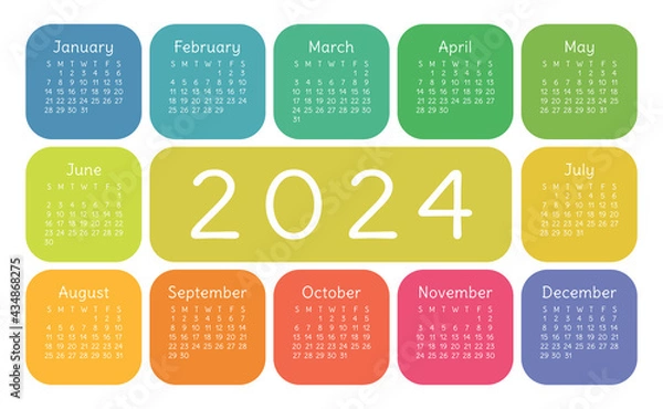 Fototapeta Calendar 2024 year. English colorful vector horizontal wall or pocket calender design template. New year. Week starts on Sunday