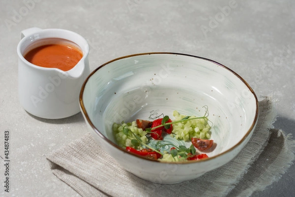 Obraz traditional Spanish cold soup puree. Summer menu concept. Horizontal layout.