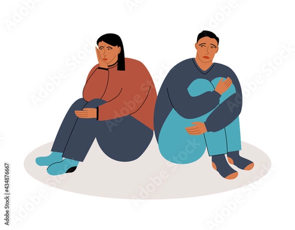 Obraz A woman and a man having a disagreement and resenting each other. Vector flat illustration with a young quarreling couple