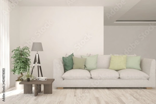 Fototapeta Soft color living room with sofa. Scandinavian interior design. 3D illustration
