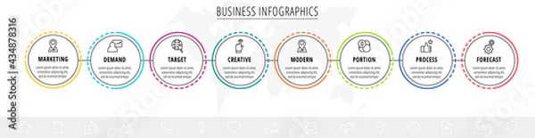 Fototapeta Vector infographics eight circles with arrows. Line business concept of 8 steps, options. Infographic template for diagram, web, banner, presentations, flowchart, content, levels, chart