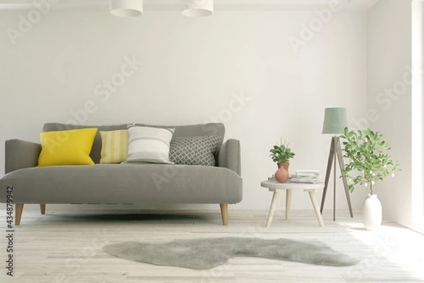 Fototapeta Soft color living room with sofa. Scandinavian interior design. 3D illustration