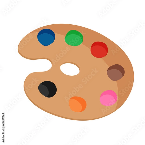 Fototapeta Cartoon drawing art palette with paint for drawing and mixing colors. Vector illustration on a white background