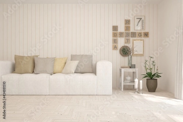 Obraz Soft color living room with sofa. Scandinavian interior design. 3D illustration