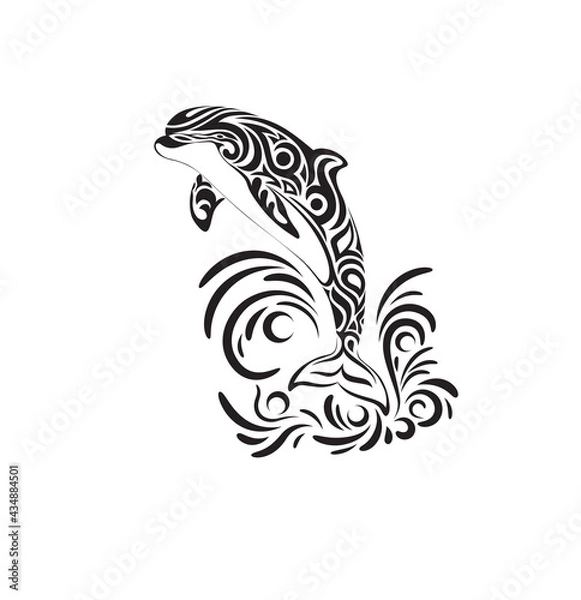 Obraz Vector illustration of dolphin tattoo on waves in tribal style