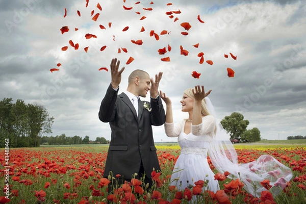 Obraz Newlyweds in blooming poppy fields, throwing  petals overhead