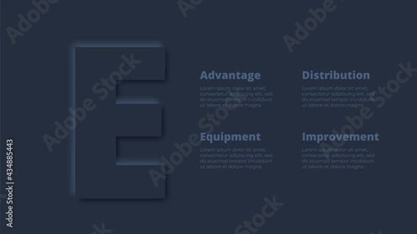 Fototapeta Vector dark neumorphic infographic. Presentation slide template. Business infographics concept with letter E and place for your text