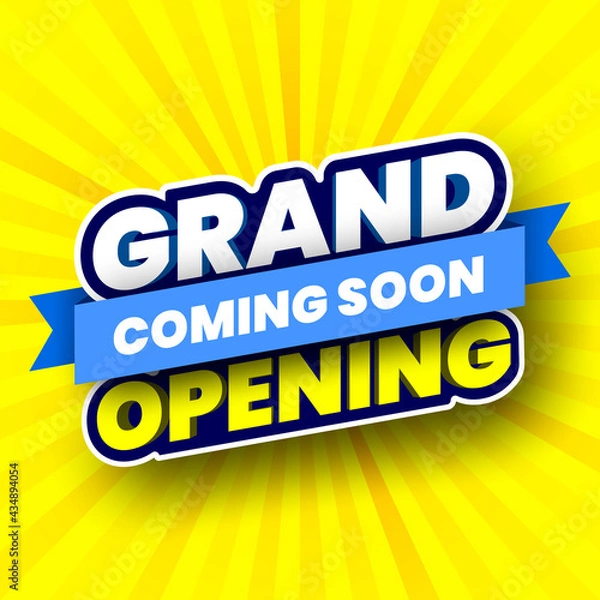 Fototapeta Coming soon grand opening banner on yellow striped background. Vector illustration.