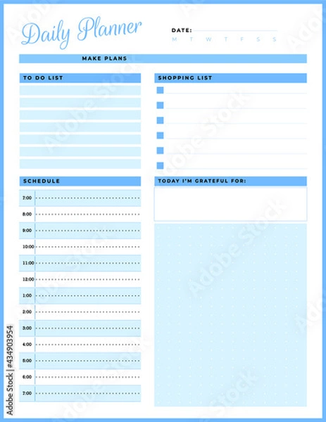 Fototapeta Daily planner template. printable template - Easy to plan your day. Planner note pages templates - Daily tasks, goals and appointments template -Undated Daily Planner with ToDol list - Todays Plan- 8.