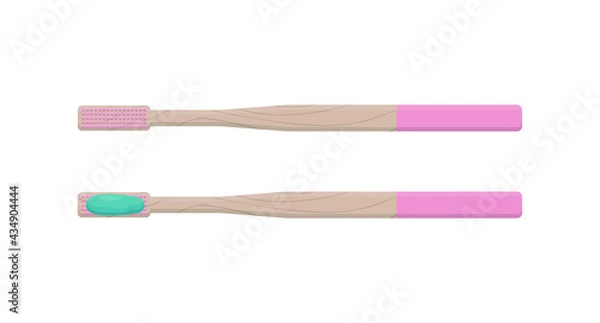 Fototapeta Set of bamboo toothbrush side view with toothpaste and bamboo toothbrush view from above with toothpaste vector illustration isolated on white background