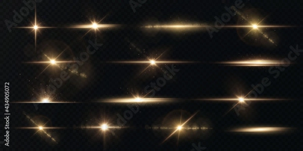 Fototapeta Light png rays of light horizontal golden color with glare and flashes isolated on a transparent background.  Light star gold png. Light sun gold png. Light flash gold png.