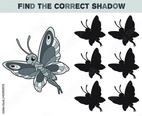 Obraz Cartoon illustration of butterfly. Find the correct shadow. Black and white cartoon vector illustration. Educational game for children.