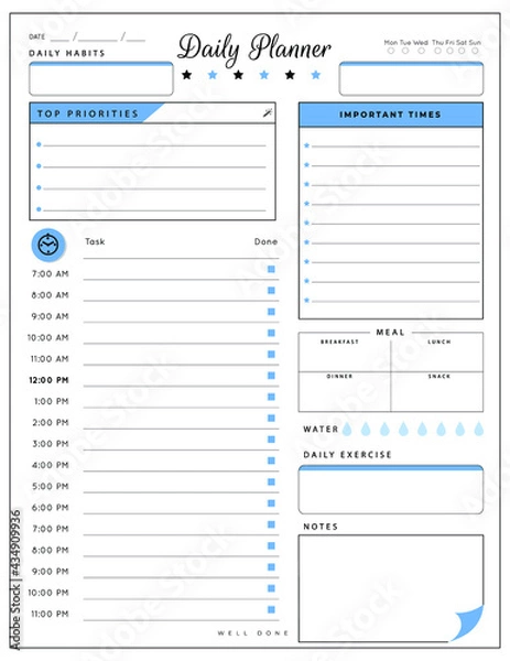 Obraz Daily planner template. printable template - Easy to plan your day. Planner note pages templates - Daily tasks, goals and appointments template -Undated Daily Planner with ToDol list - Todays Plan- 8.