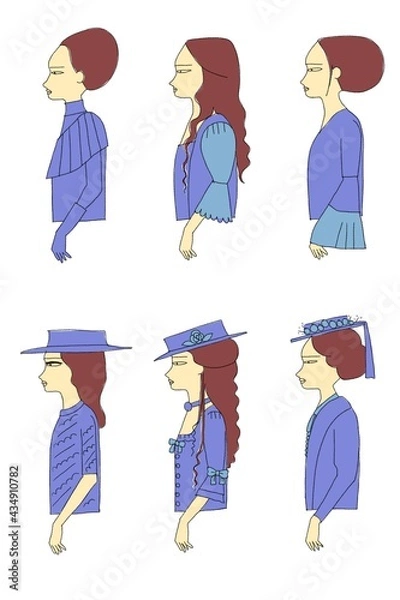 Fototapeta 紫のドレスを着た横向きの女性6人のイラスト