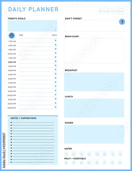 Fototapeta Daily planner template. printable template - Easy to plan your day. Planner note pages templates - Daily tasks, goals and appointments template -Undated Daily Planner with ToDol list - Todays Plan- 8.