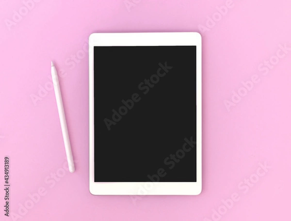 Obraz Tablet mockup screen with stylus pencil for drawing and artist, colorful pink background, copy space photo