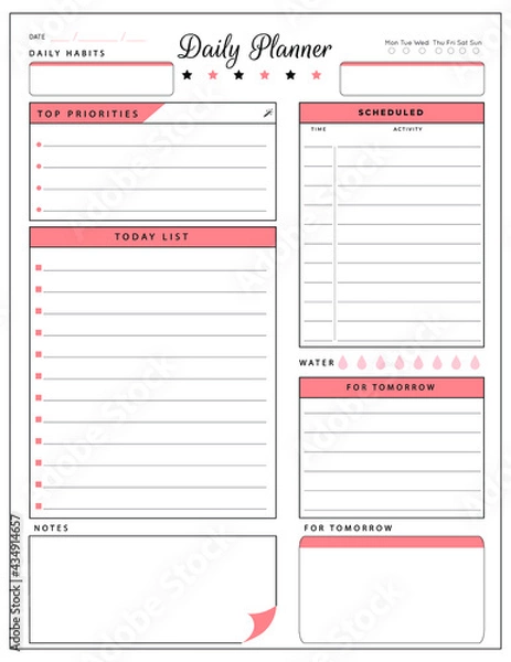 Fototapeta Daily planner template. printable template - Easy to plan your day. Planner note pages templates - Daily tasks, goals and appointments template -Undated Daily Planner with ToDol list - Todays Plan- 8.
