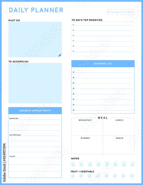 Fototapeta Daily planner template. printable template - Easy to plan your day. Planner note pages templates - Daily tasks, goals and appointments template -Undated Daily Planner with ToDol list - Todays Plan- 8.