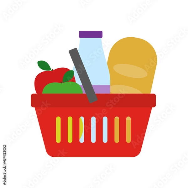 Fototapeta Grocery food basket. Red basket with bread, milk bottle and apples. Isolated on white. Vector illustration.