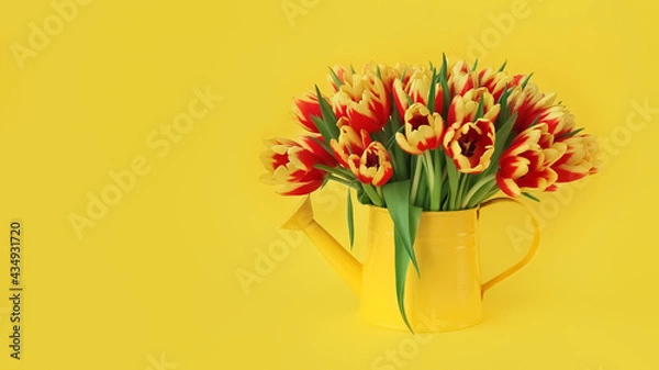Fototapeta red and yellow tulips in tin can on yellow background